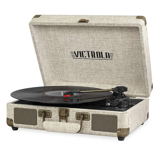 Victrola Vintage 3-Speed Bluetooth Portable Suitcase Record Player with Built-in Speakers | Upgraded Turntable Audio Sound| Includes Extra Stylus | Light Beige Linen