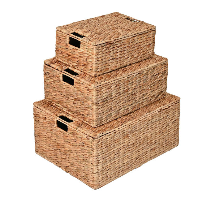 happimess Brooks Classic Farmhouse Woven Hyacinth Rectangular Storage Baskets with Lids and Handles, Natural