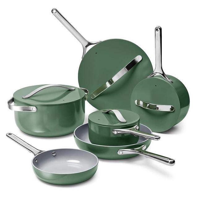 Caraway Deluxe Nonstick Ceramic Cookware Set (16 Piece) Pots, Frying Pans, Lids and Kitchen Storage - PFAS & PFOA Free - Oven Safe Ceramic Pan Set & Compatible with All Stovetops - Sage