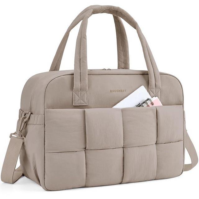 BAGSMART Gym Bag for Women, 29L Puffer Travel Duffle Bag for Travel with Laptop Compartment, Weekender Bags for Women, Carry On Duffel Bag Personal Item Bag, Camel