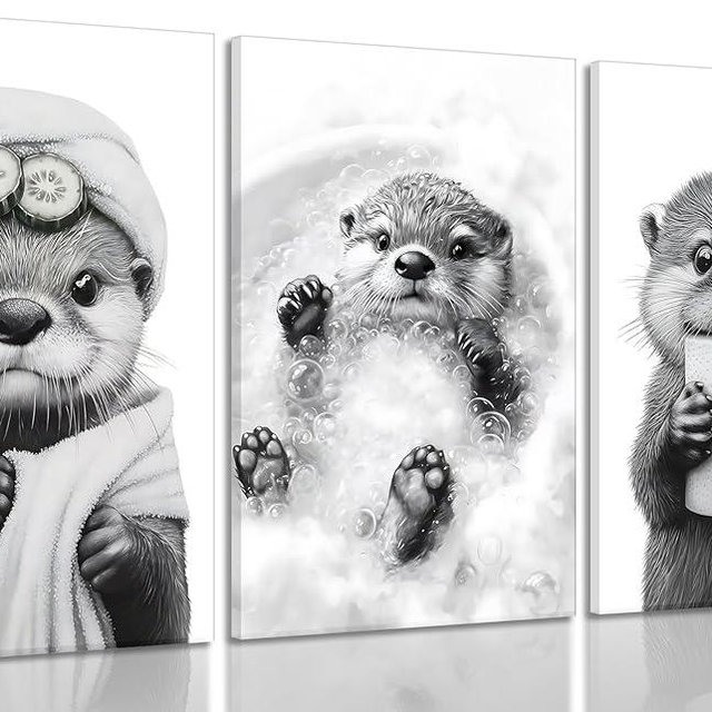 3Pcs Cute Otter Canvas Wall Art Funny Bathroom Paintings Pictures Wall Decor Black And White Animal Poster Printing Artwork for Home Farmhouse Toilet Lavatory Bathroom Restroom Home Decoration