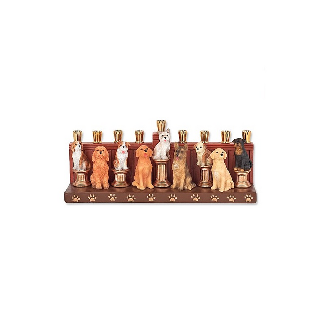 Menorah, Dog Design with Paw Prints on the Base, Painted Resin