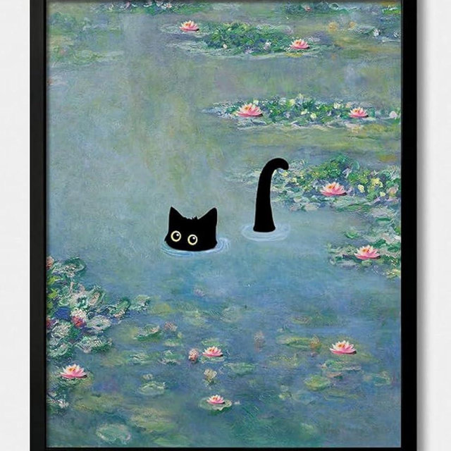oulawote Funny Black Cat Wall Art, Monet Art Water Lily Cat Wall Art Decor, Preppy Aesthetic Cat Posters for Bedroom Bathroom Living Room (Size: 11'' x 14''x1pcs)
