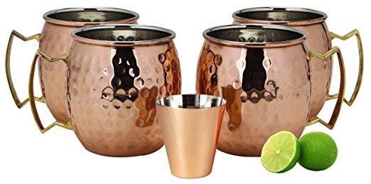A29 Moscow Mule 100 % Solid Pure Copper Mug / Cup (16-Ounce/Set of 4, Hammered), Nickel Lined, with BONUS Shot Glass and Free Recipe Booklet