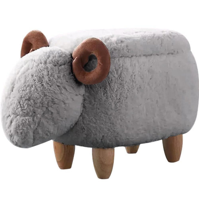 WAYUTO Animal Footstool Upholstered Ottoman Bench Grey Sheep for Living Room Dorm Foot Rest Step Stool Padded Seat Chair Wood Foot Heavy Duty Decorative