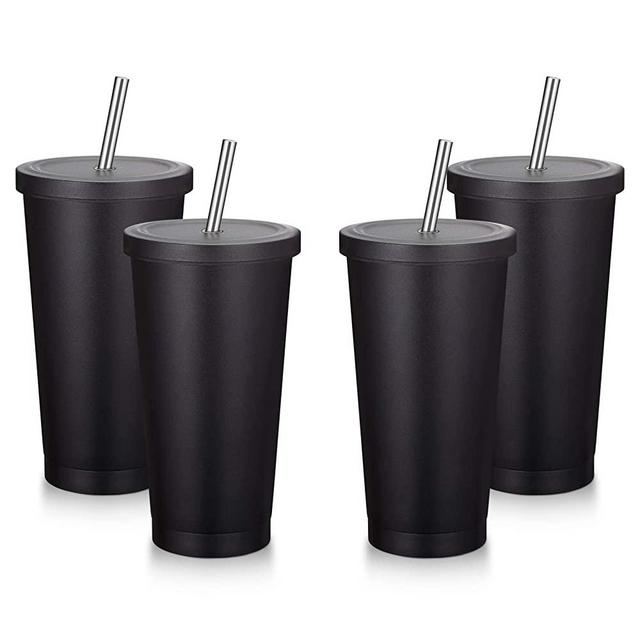 MEWAY 16oz Tumbler with Straw & Lid 4 Pack,Travel Mug Gift Vacuum Insulated Coffee Beer Cup - 18/8 Stainless Steel Water Bottle (Black ,Set of 4)