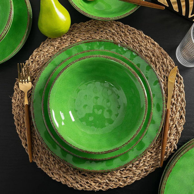 LEHAHA Vintage Crackle Melamine Dinnerware Sets, 12 Piece Plates and Bowls Sets, Great for Camping, RV. Durable and Chip Resistant Farmhouse Dishes Set, Service for 4(Green)