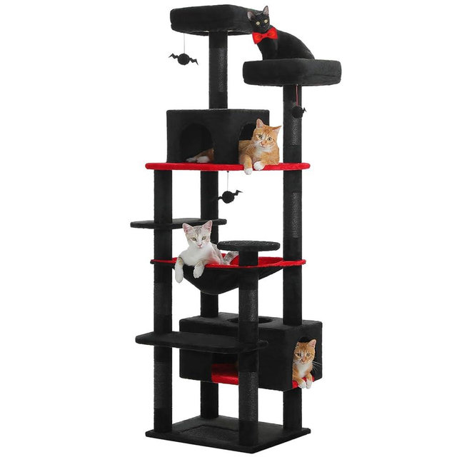 PAWZ Road Large Cat Tree, 72 Inches Gothic Cat Tower for Large Cats, Cat Condo with Sisal-Covered Scratching Posts and Pads, 2 Padded Perch, Dual Condo and Basket for Indoor Cats-Black