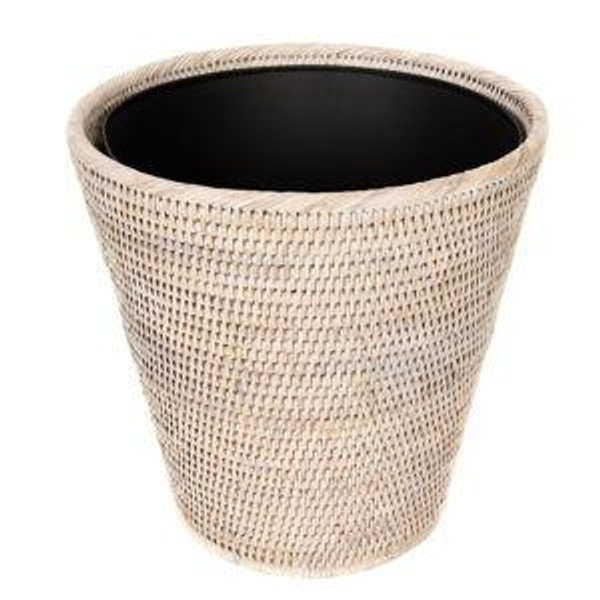 Tava Handwoven Rattan Round Waste Basket With Metal Liner - White Wash
