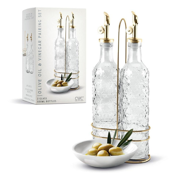 COOK WITH COLOR Glass Olive Oil Bottle Dispenser - 2 Pack- 17oz Oil and Vinegar Cruet - Olive Oil Carafe Decanter for Kitchen, Floral, Clear