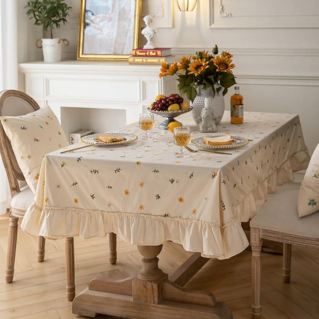 Silnuo Cotton Ruffle Tablecloth Farmhouse Embroidery Floral Beige Table Cover for Kitchen Dining Party-60x70 inches