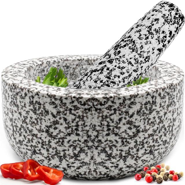 Heavy Duty Natural Granite Mortar and Pestle Set, Hand Carved, Make Fresh Guacamole, Salsa, Pesto, Stone Grinder Bowl, Herb Crusher, Spice Grinder, 2 Cup, White