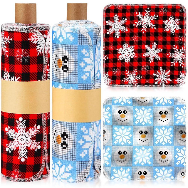 Redbaker 50 Pcs Reusable Paper Towels Paperless Reusable Cotton Cloths Toilet Absorbent Washable Paper Towels with Roll Kitchen Dishcloth for Kitchen Paperless Dishcloths(Snowman)