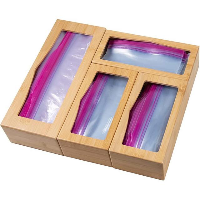 Bamboo Ziplock Bag Storage Organizer for Drawer，Food Storage Bag Organizer and Dispenser Compatible with Ziploc, Glad, Gallon, Quart, Sandwich & Snack Bags (4 Piece Set)