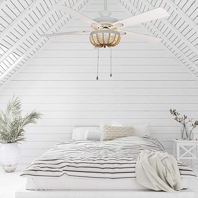 UKN 52-inch Cream Wood Chandelier Led Ceiling Fan Bohemian Eclectic Metal Blades Included