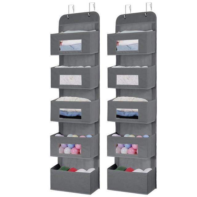 5-Shelf Over The Door Hanging Organizer with 2 Metal Hooks，5 Pocket Over The Door Wall Mount Storage with Clear Windows for Baby Nursery Bathroom Closet,Bedroom,Dorm (Gray-2 Pack)