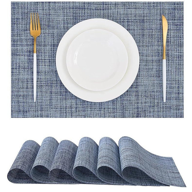 Leetaltree Deep Navy Woven Placemats Set of 6 - Heat Resistant Non-Slip Place mats for Dining Table, Washable Durable PVC Vinyl Woven Table Mats(Deep Navy, 6)