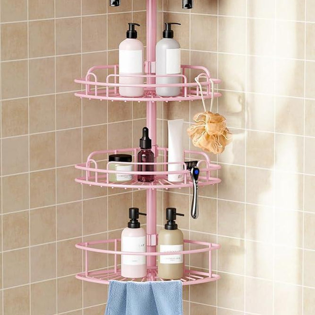HAMITOR Corner Shower Caddy Tension Pole: 4-Tier Rust-Resistant Adjustable Bathroom Organizer Shelves - 47-121 Inch No-Drill Quick Installation - Space-Saving Storage for Renters Family - Pink