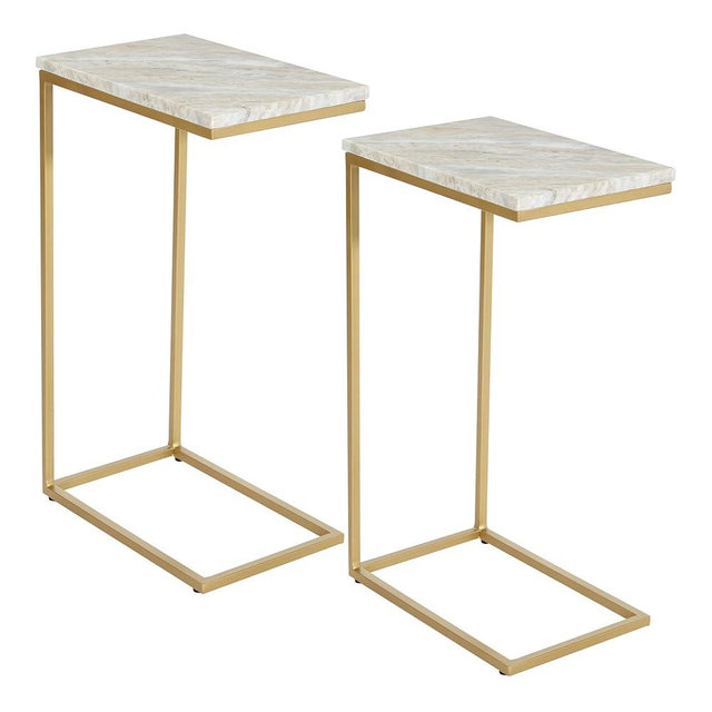 OSP Home Furnishings C-Table, Set of 2, Solid White Marble with Gold Tone Metal Base