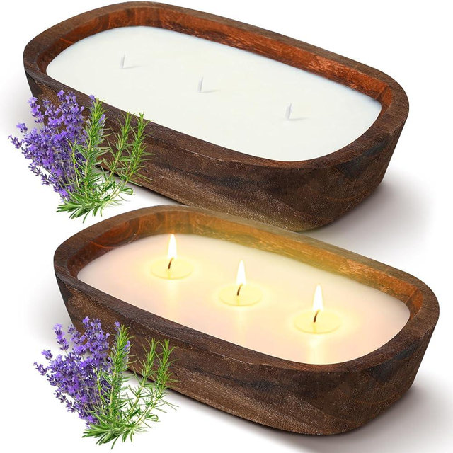 Threlaco 2 Pack Wood Dough Bowl Candle 10 Inch Lavender Candle Decorative with Wick Scented Candles Soy Gifts for Men Women Farmhouse Table Centerpiece Home