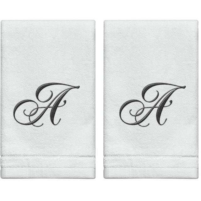 Personalized Initial Fingertip Towels - 2 Pack 11x18 - Black Embroidery On White Towel, Modern Monogrammed Towels, Great Personalized Initial Gift for Women, Teachers, Friends, Bridesmaids Initial A