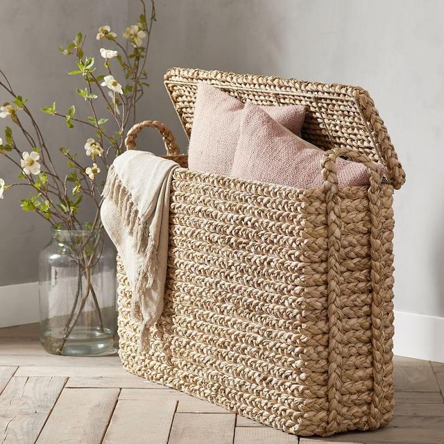 Beachcomber Basket Natural, Oversized Narrow Rectangle Basket with Lid