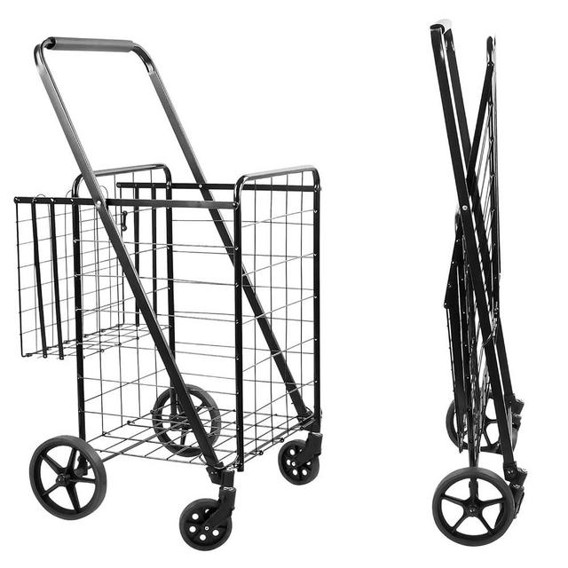 Mount-It! Rolling Utility Shopping Cart for Groceries and Other Supplies - Portable Grocery Cart with Double Baskets and Dual Swiveling Wheels - Lightweight Durable Metal Construction, Weighs 12 lbs