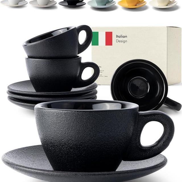 KIVY Cappuccino cups set of 4 [6oz] - Thick-walled stoneware cappuccino cup set for latte art - Latte mugs - Latte cups - Latte mug - Latte art cup black - Ceramic latte cup and saucer