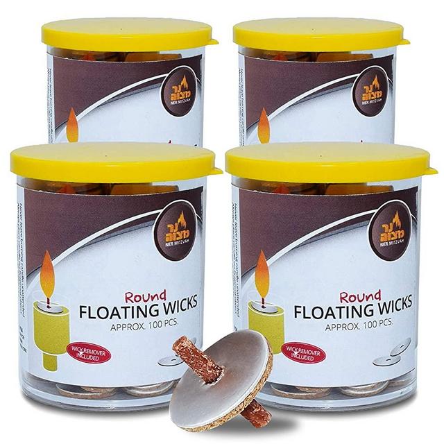 Round Floating Wicks – 400 Count Tub (Approx.), Cotton Wicks and Cork Disc Holders - by Ner Mitzvah