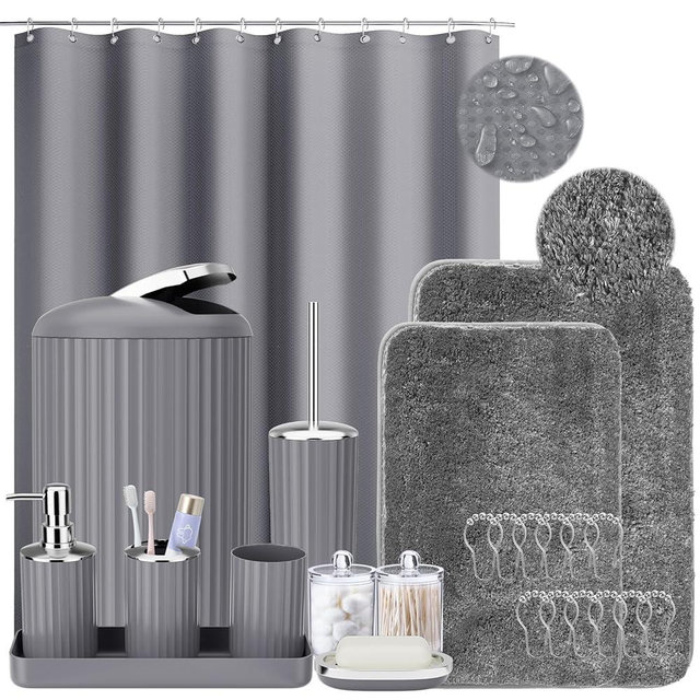 XLHOMO 24 PCS Gray Bathroom Accessories Set with Shower Curtain and Rugs, Bathroom Sets with Extra Soft and Absorbent Bath Rugs Shower Curtain Bathroom Accessory for Bath
