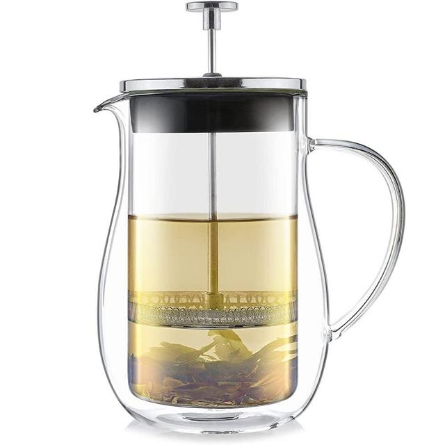 Teabloom Louvre Insulated Glass Tea Press – 34 OZ (4 Cups) – Loose Leaf Tea Steeper – Brew and Serve Hot Tea – Tea Connoisseur's Choice