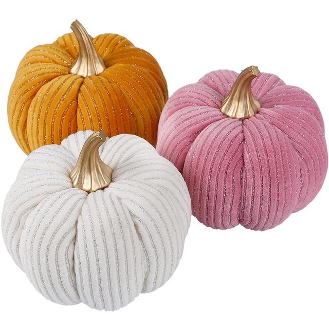 winemana 3 Pcs Thanksgiving Decorations Large Artificial Pumpkins, Lint Pink Orange White Fall Tabletop Centerpieces, Fall Friendsgiving Decorations for Home Kitchen Table Indoor Party Outdoor Yard