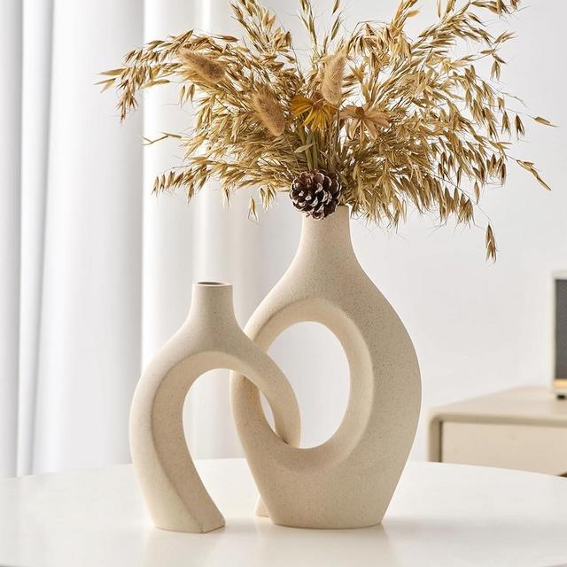 Minimalist White Ceramic Vases Decorative: 2Pcs Large Hollow Vase for Home Decor Round Crossed Vase Modern Boho Vase for Living Room Bedroom Table Centerpieces Wedding Table Decoration