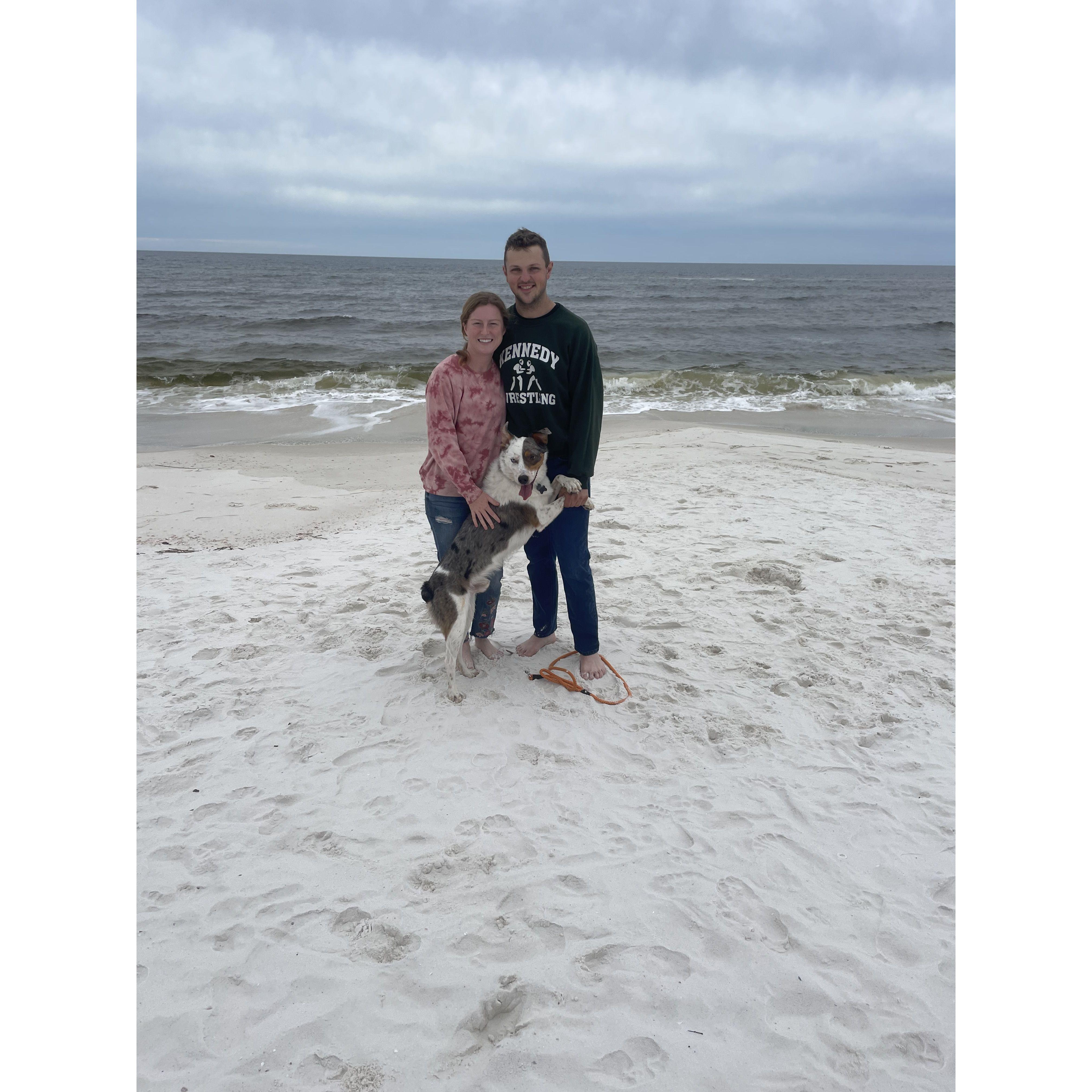 Austin, Abby, and Richter on Mexico Beach over the Christmas holiday