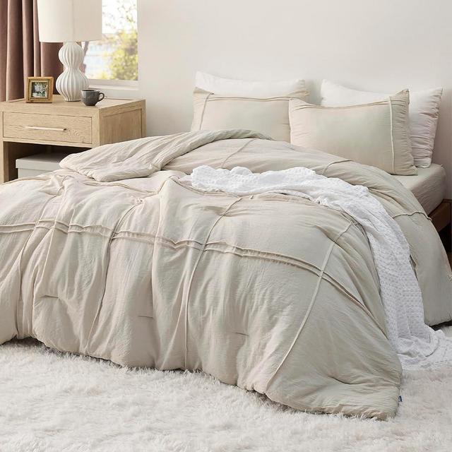 Bedsure Queen Comforter Set with Sheets - 4 Pieces Soft Beige Bedding Sets, Grid Pinch Pleat, All Season Lightweight Fluffy Bed Set with Solid Boho Comforter, Pillowcases & Sheets