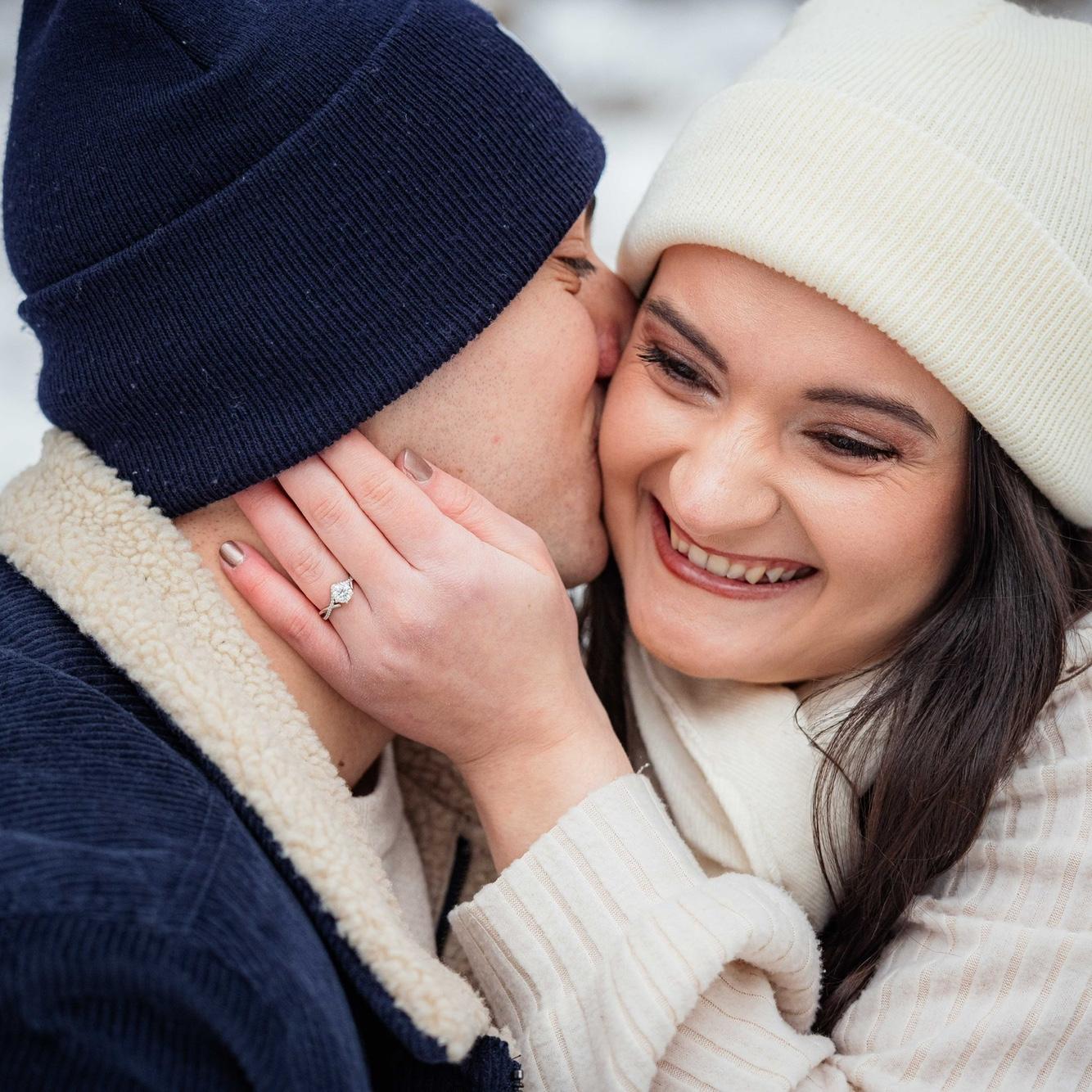 These pictures were from our engagement photo shoot in NC! We loved putting together our outfits with a cozy wintry color scheme, and we adored the locations our great photographer, Kiara, took us to!
