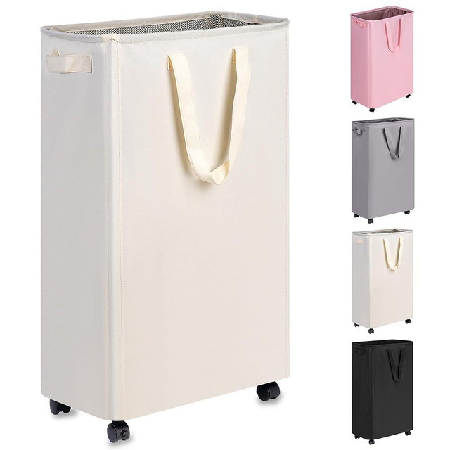 Slim Laundry Hamper with Wheels, Rolling Laundry Basket for Clothes, Small Laundry Basket for Bedroom, Dorm and Laundry Room, 75L (19.8 Gallons) Beige