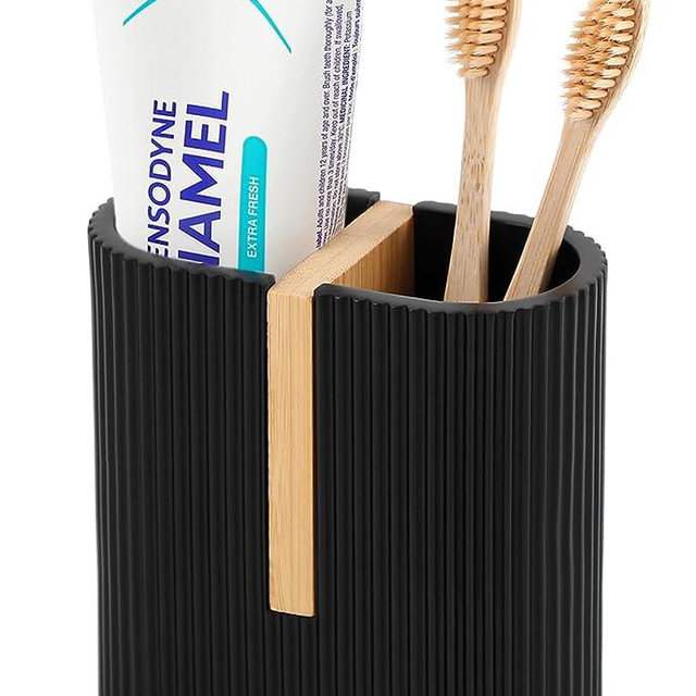 rejomiik Matte Black Toothbrush Holders Electric Toothbrush Holder for Bathrooms, Bamboo Tooth Brushing and Toothpaste Storage Organizer for Sink, Countertop