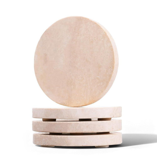 LIQWEI Natural Travertine Marble Coasters Set of 4, 4” Diameter Drink Marble Coasters Round Non-Slip Stone Drink Coaster for Housewarming Gift Office Decorations Protect Tables from Stains Scratches