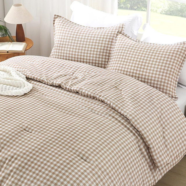 Andency Tan Gingham Comforter Set Twin(66x90Inch), Brown Checkered Grid Plaid Buffalo Bed Set for Girls Boys Kids Teens, 2 Pieces Lightweight Polyester Geometric Preppy Bedding