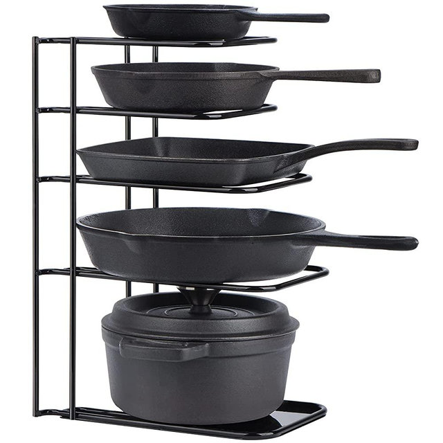 Toplife Heavy Duty Pan Organizer, 5 Tier Pot and Pan Organizer Rack for Cast Iron Skillets, Griddles and Pots - Durable Steel Construction- No Assembly Required - Black