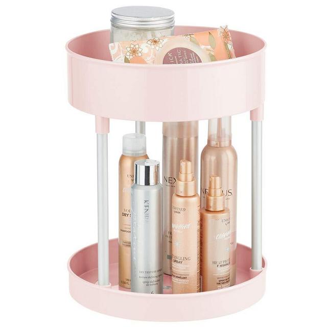 mDesign Spinning Metal and Plastic Makeup Organizer Rotating Lazy Susan 2-Level Turntable Storage Bin - Carousel Organizer for Bathroom Vanity Countertops, Cabinets - Light Pink/Silver