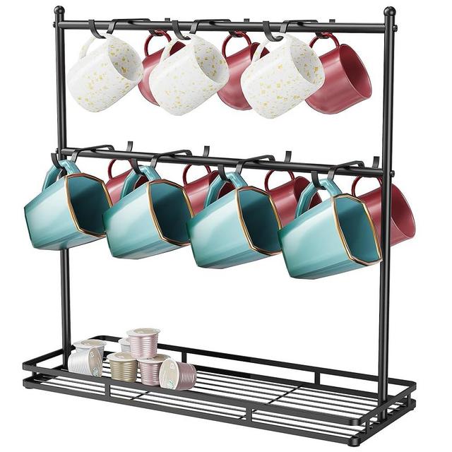 OROPY Coffee Mug Holder for Countertop, 14-Hook Mug Tree Rack for 14 Cups, 2 Tier Mug Display Stand with Heavy Duty Metal Base