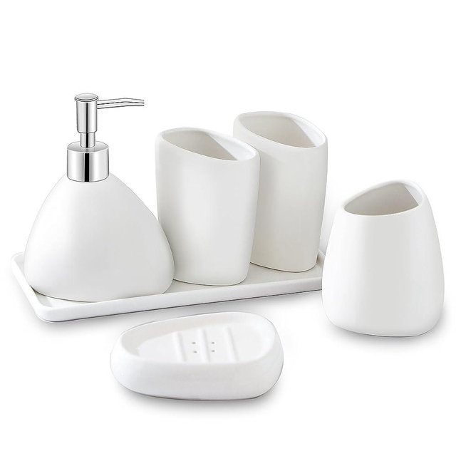 BLBYHO Ceramic Bathroom Accessory Set with Ceramic Vanity Tray, 6 Pieces Bathroom Countertop Accessory Set, Include Soap Dispenser, Toothbrush Holder, 2 Tumbler, Soap Dish, Vanity Tray,White…