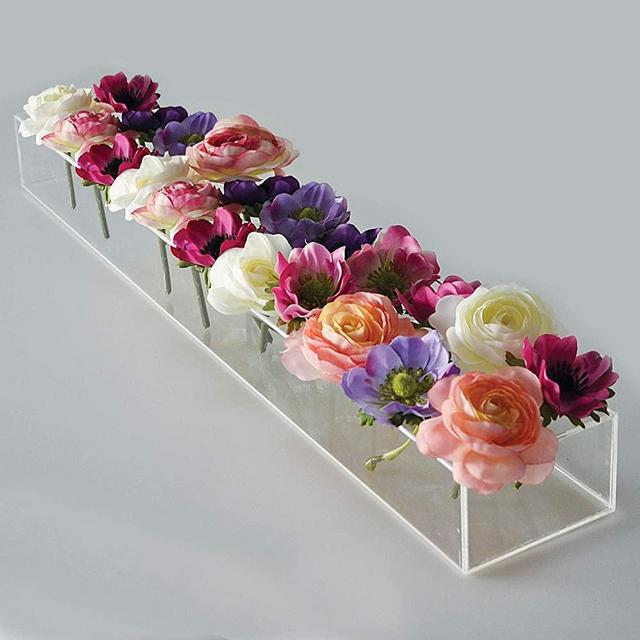 Rectangular Floral Centerpiece for Dining Table - 24 Inches Long Rectangular Vase - Acrylic Modern Vase - Flower Vases Centerpiece - Low Floral Vases for Centerpieces for Home Decor Weddings (Clear)