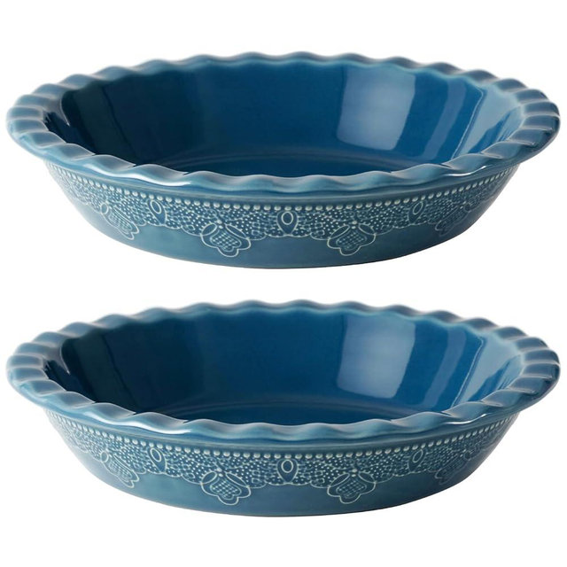 Fun Elements Pie Pan, 9 Inch Ceramic Pie Dish, Deep Dish Pie Pan with Lace Emboss, Ruffled Pie Plate for Baking, Set of 2, Blue