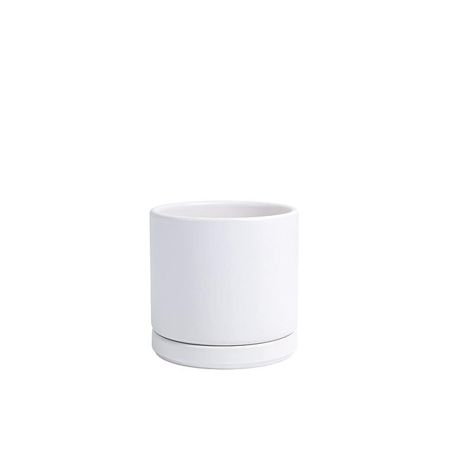 D'vine Dev Ceramic Planter Pot with Drainage Hole and Saucer, Indoor Cylinder Round Flower Pot, 4.6 Inch, White, 94-O-B-1