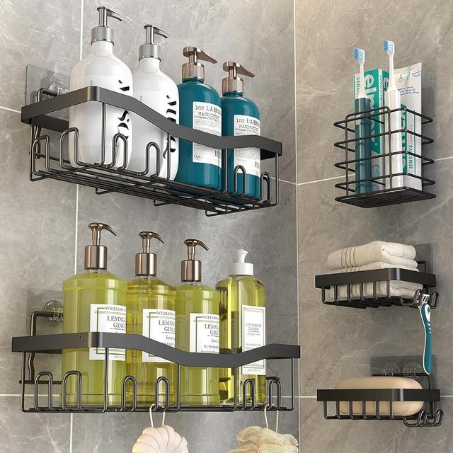 Youvip Shower Caddy, Shower Organizers [5-Pack], Rustproof Bathroom Shower Shelves for Inside Shower, Adhesive Shower Caddy with Soap Caddy & Toothbrush Holder No Drilling, Black