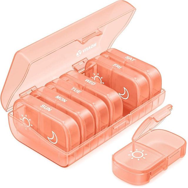 AUVON XL Weekly Pill Organizer 2 Times a Day, Pill Box 7 Day with One-Side Large Openings for Easy to Use, Watermelon Red AM PM Pill Case for Medication, Vitamins, Fish Oils, Supplements