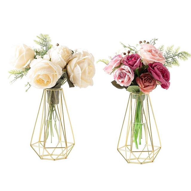 Grensuk 2Pc Gold Vase for Home Decor,Flower vase for Decor,Geometric vases for centerpieces,Gold Glass vase for Wedding Decorations,Gold vases for centerpieces,Gold Test Tube vase (2Pcs 8.5 inch Gold)